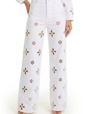 White Eyelet Cutout Wide-Leg Jeans